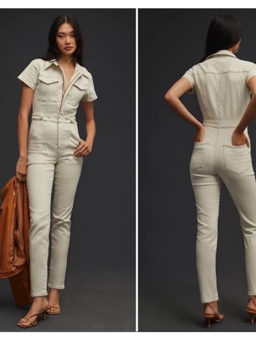 Good American Fit For Success Denim Utility Jumpsuit Size XL In Bone Cream